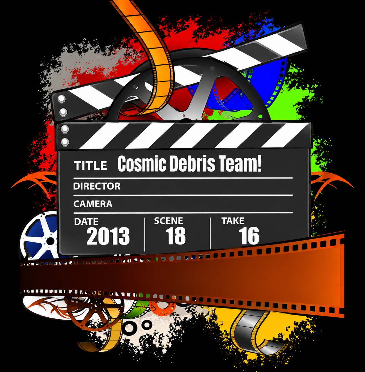 Cosmic Debris Team! film-themed logo with clapperboard, colorful splashes and film reels